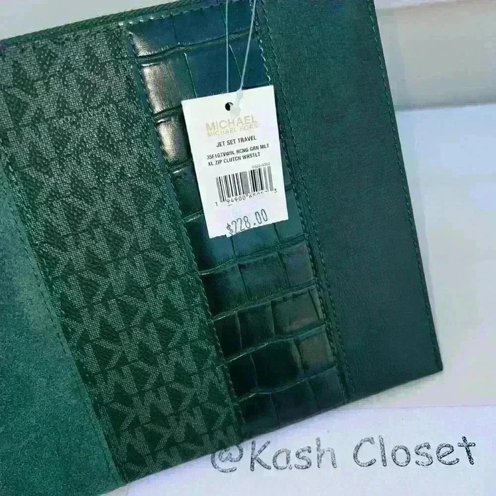 Michael Kors Clutch Wristlet XL Large Top Zip Clutch Purse Racing Green - Picture 5 of 6